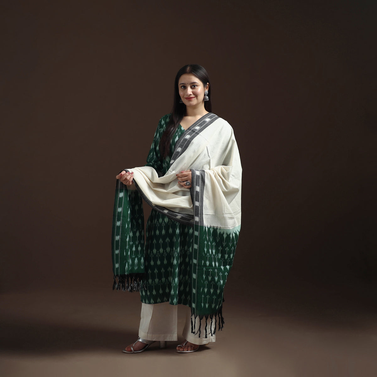 Pochampally Ikat Cotton Long Kurta with Palazzo & Dupatta Suit Set for Women 11