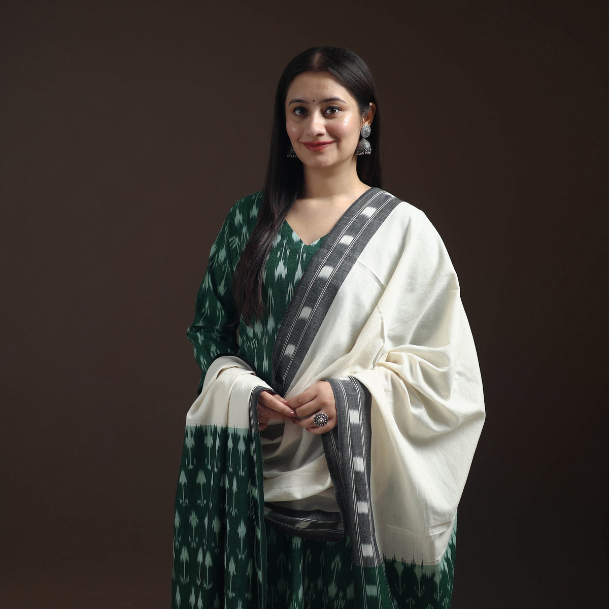 Pochampally Ikat Cotton Long Kurta with Palazzo & Dupatta Suit Set for Women 11