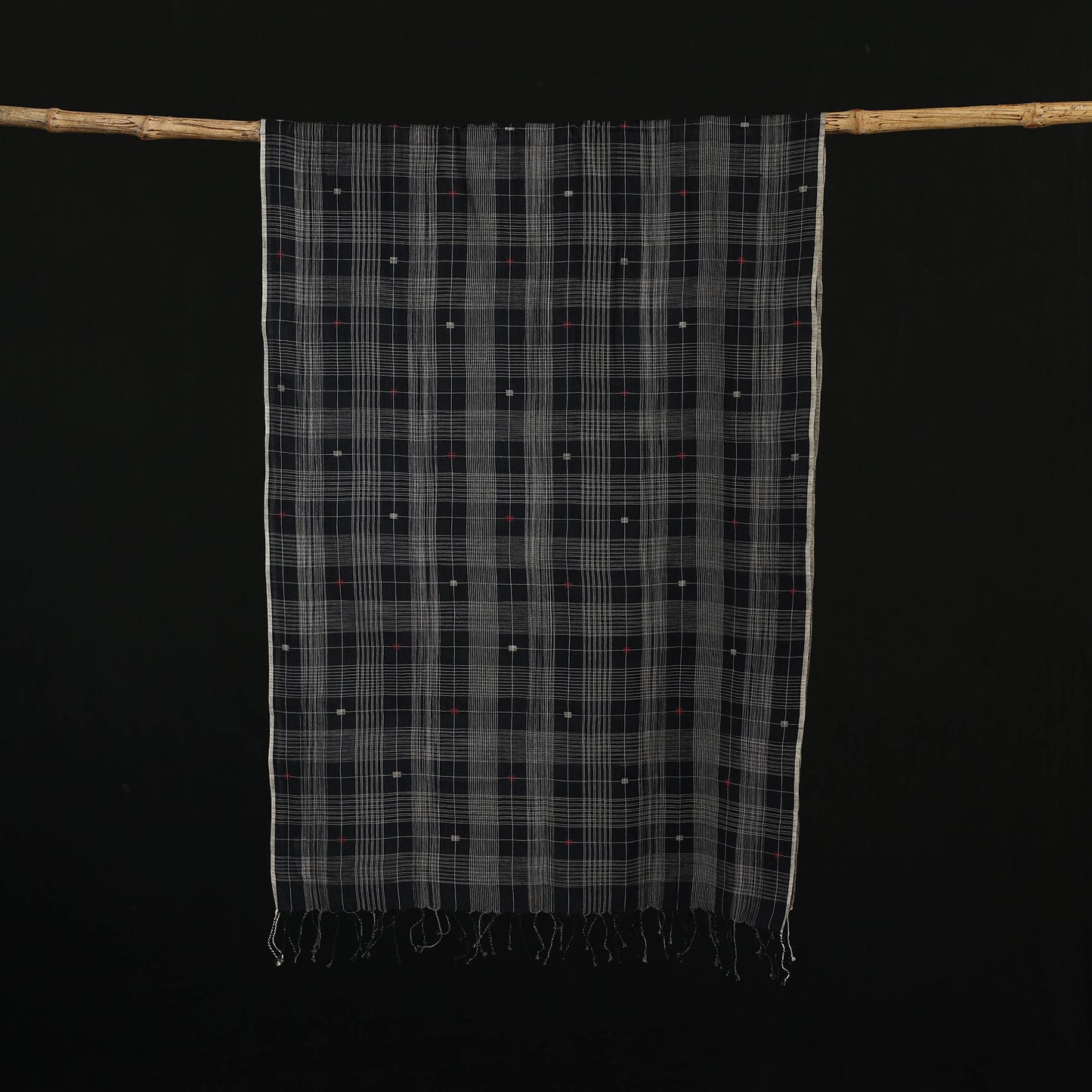 Black - Burdwan Jamdani Handloom Cotton Stole with Tassels 13