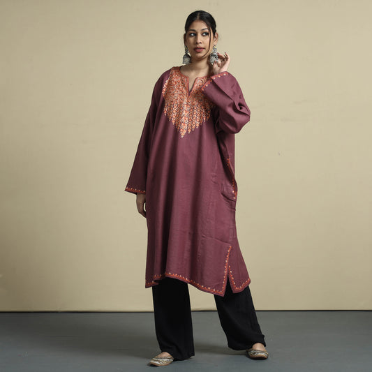 Purple - Aari Embroidery Kashmiri Merino Wool Pheran