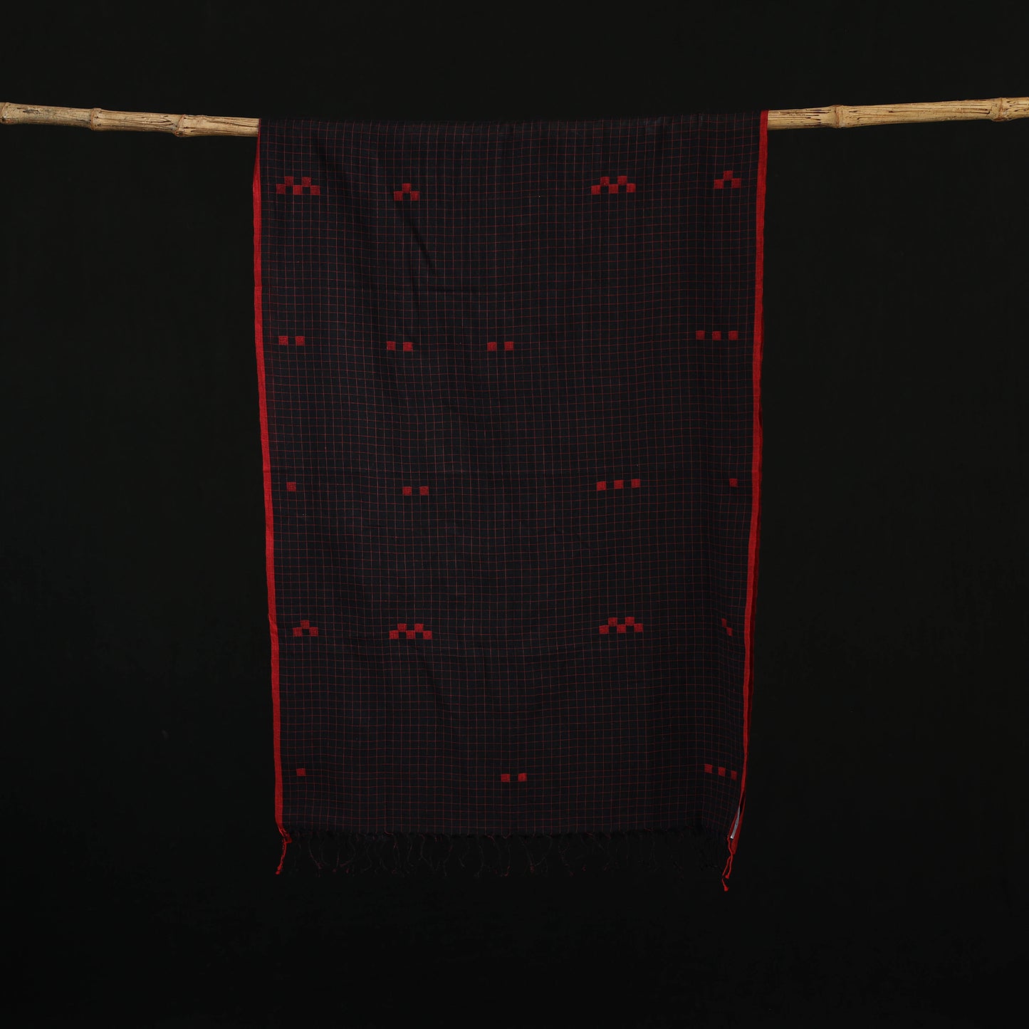 Black - Burdwan Jamdani Handloom Cotton Stole with Tassels 11