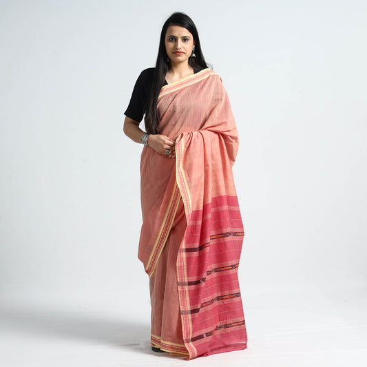 Peach - Traditional Challapalli Handloom Cotton Saree with Thread Border