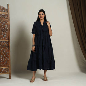 Buy Tiered Fit & Flare Cotton Navy Blue Jacquard Dress Online