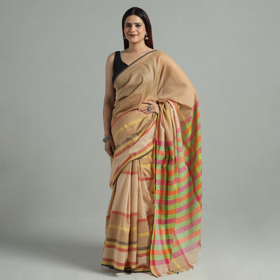 Brown - Bengal Woven Border Handloom Pure Cotton Saree 37