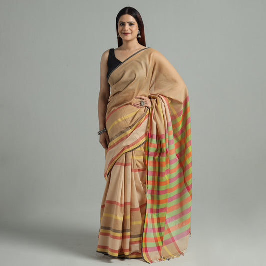 Brown - Bengal Woven Border Handloom Pure Cotton Saree 37