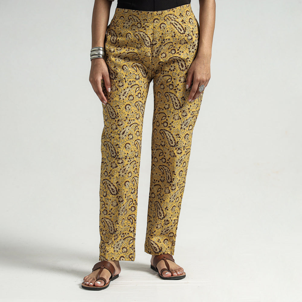 Yellow - Kalamkari Block Printed Cotton Elasticated Pant