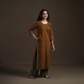 Brown - Mangalagiri Pure Handwoven Cotton Mirror Work Straight Long Kurta for women 09