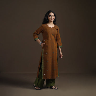 Brown - Mangalagiri Pure Handwoven Cotton Mirror Work Straight Long Kurta for women 09