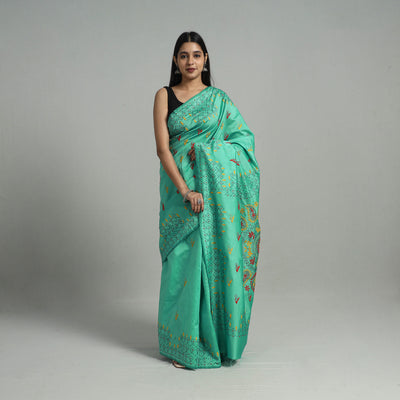 Green - Handcrafted Bengal Nakshi Kantha Work Silk Saree 30