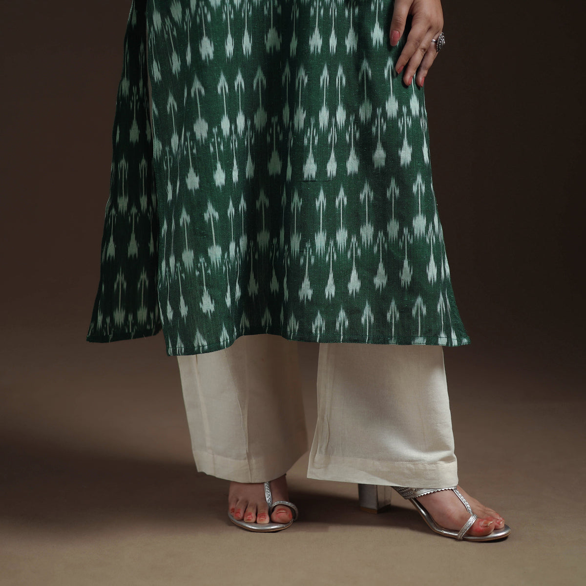 Pochampally Ikat Cotton Long Kurta with Palazzo & Dupatta Suit Set for Women 11