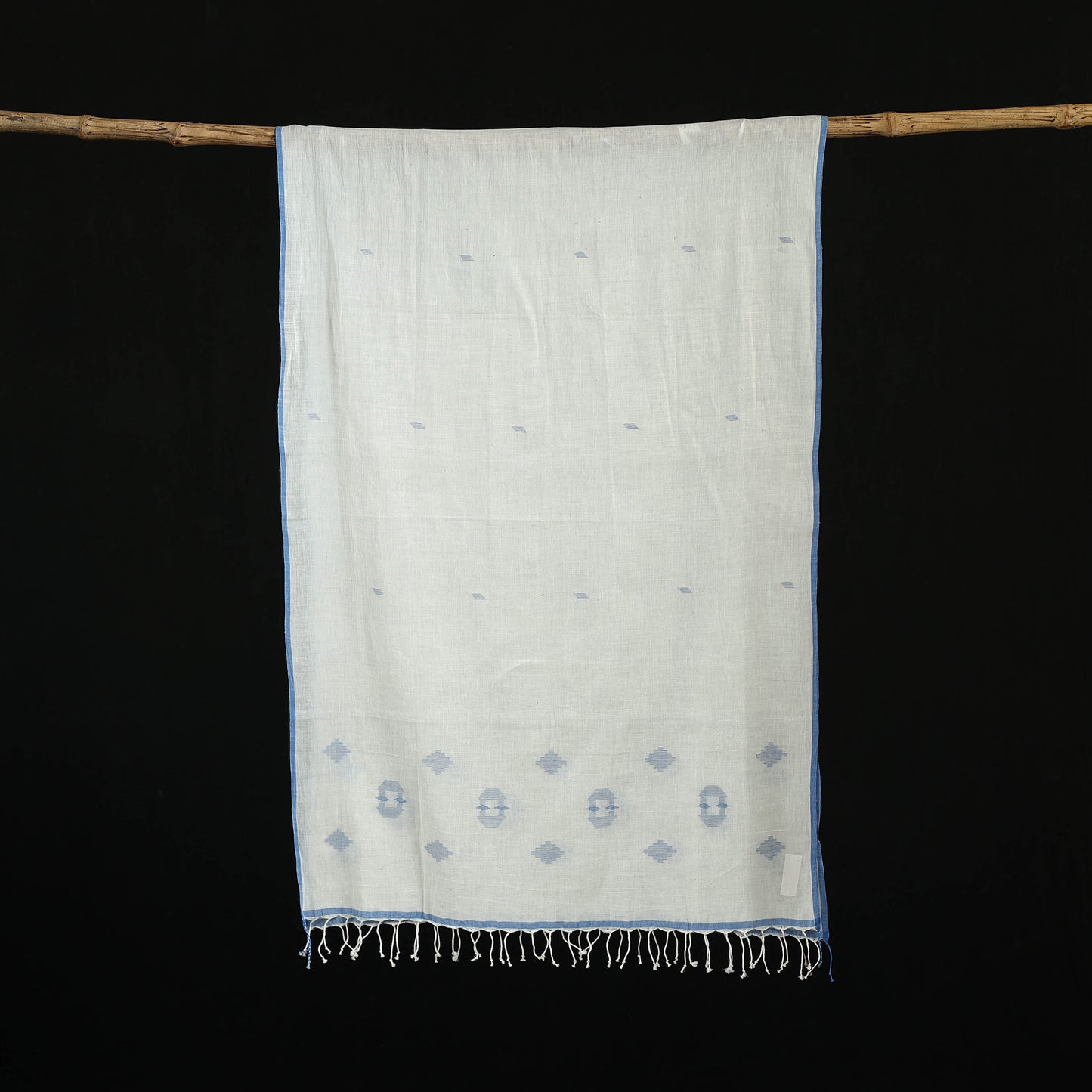 White - Burdwan Jamdani Handloom Cotton Stole with Tassels 10