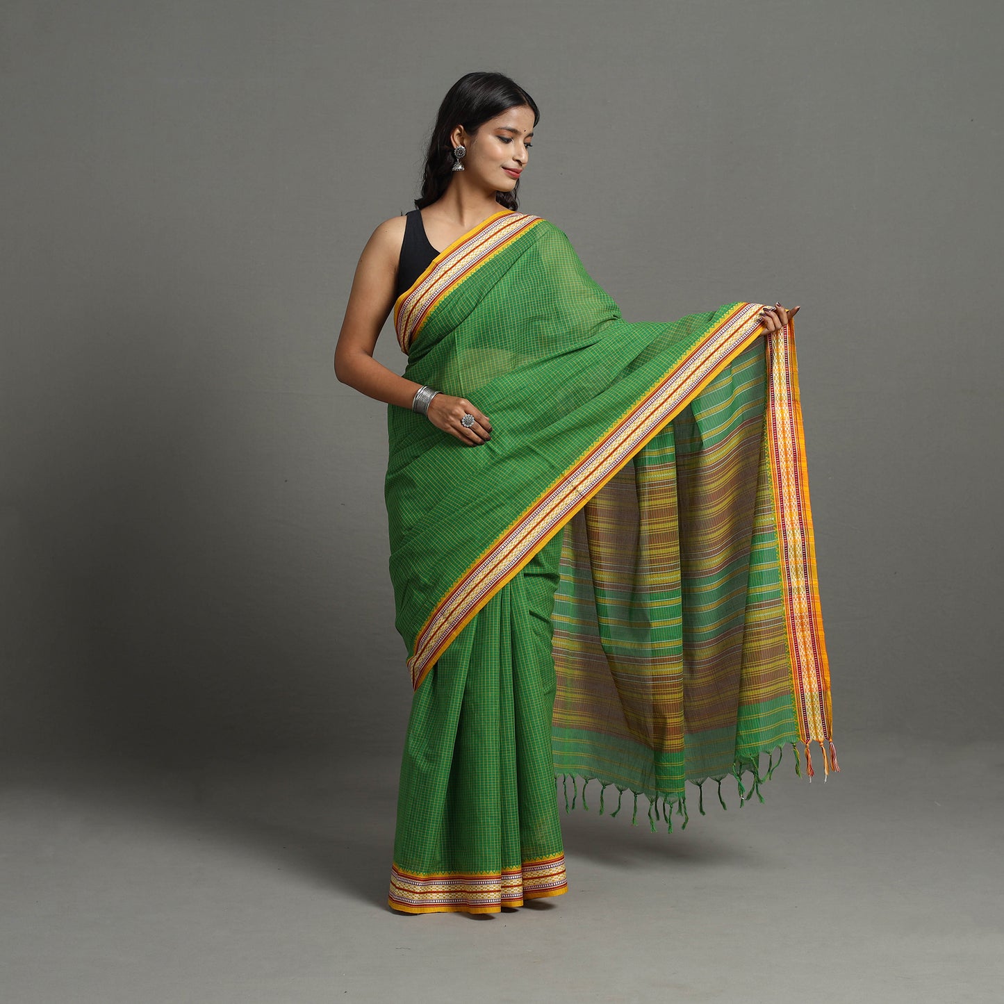 Green - Bengal Handwoven Cotton Stripes Begampuri Saree 28