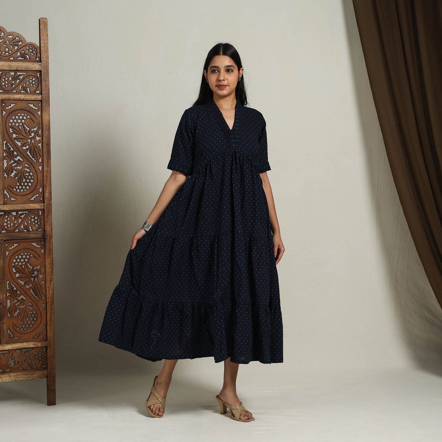 Buy Tiered Fit & Flare Cotton Navy Blue Jacquard Dress Online