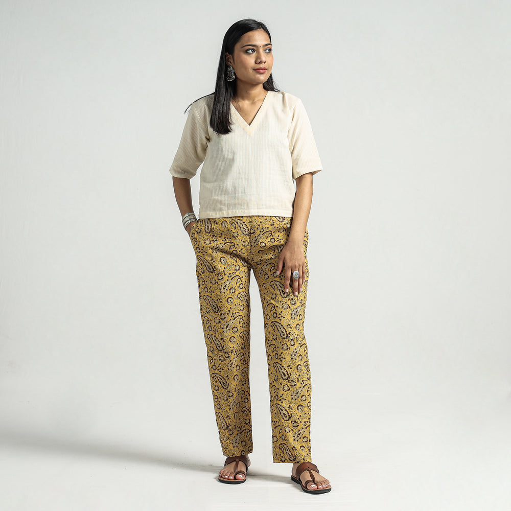 Yellow - Kalamkari Block Printed Cotton Elasticated Pant