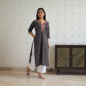 Black - Block Printed Cotton Gota Work Long Ajrakh Kurta 15