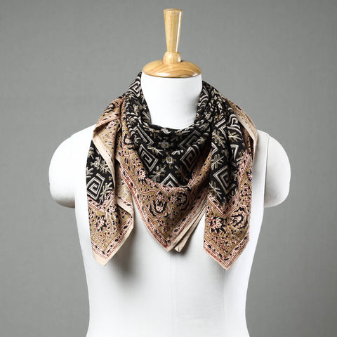 Black Pedana Kalamkari Block Printed Natural Dyed Cotton Scarf