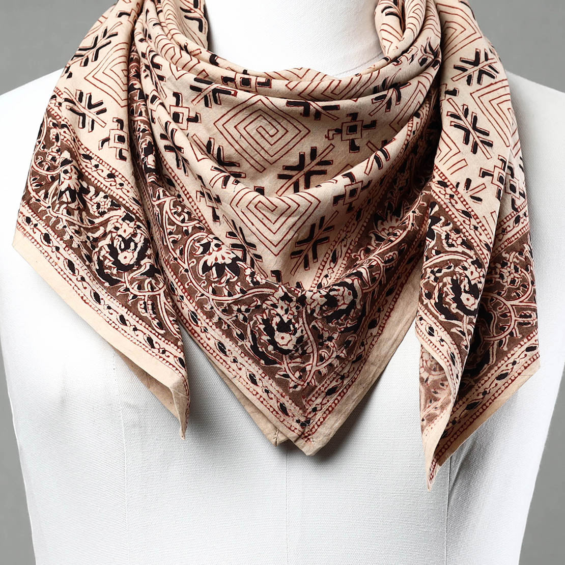 Beige - Pedana Kalamkari Block Printed Natural Dyed Cotton Scarf 21