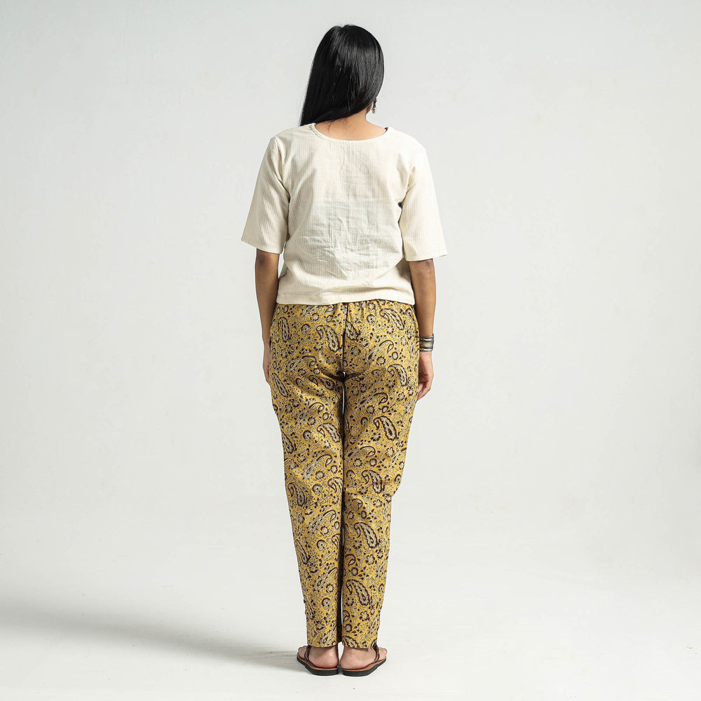 Yellow - Kalamkari Block Printed Cotton Elasticated Pant