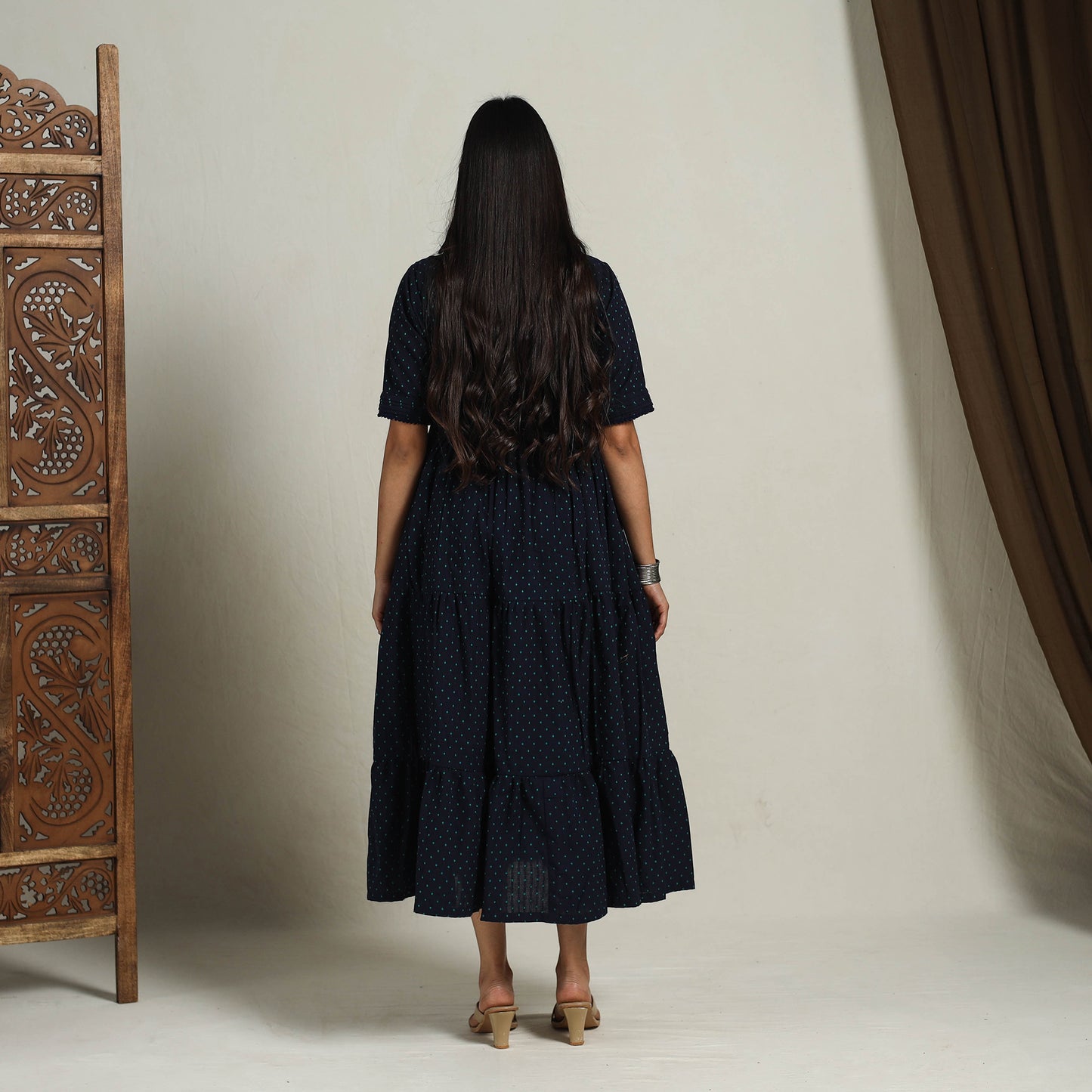 Buy Tiered Fit & Flare Cotton Navy Blue Jacquard Dress Online
