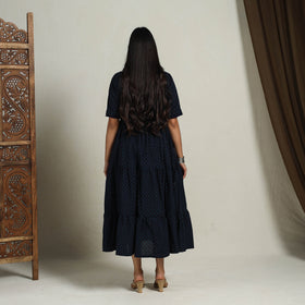 Buy Tiered Fit & Flare Cotton Navy Blue Jacquard Dress Online