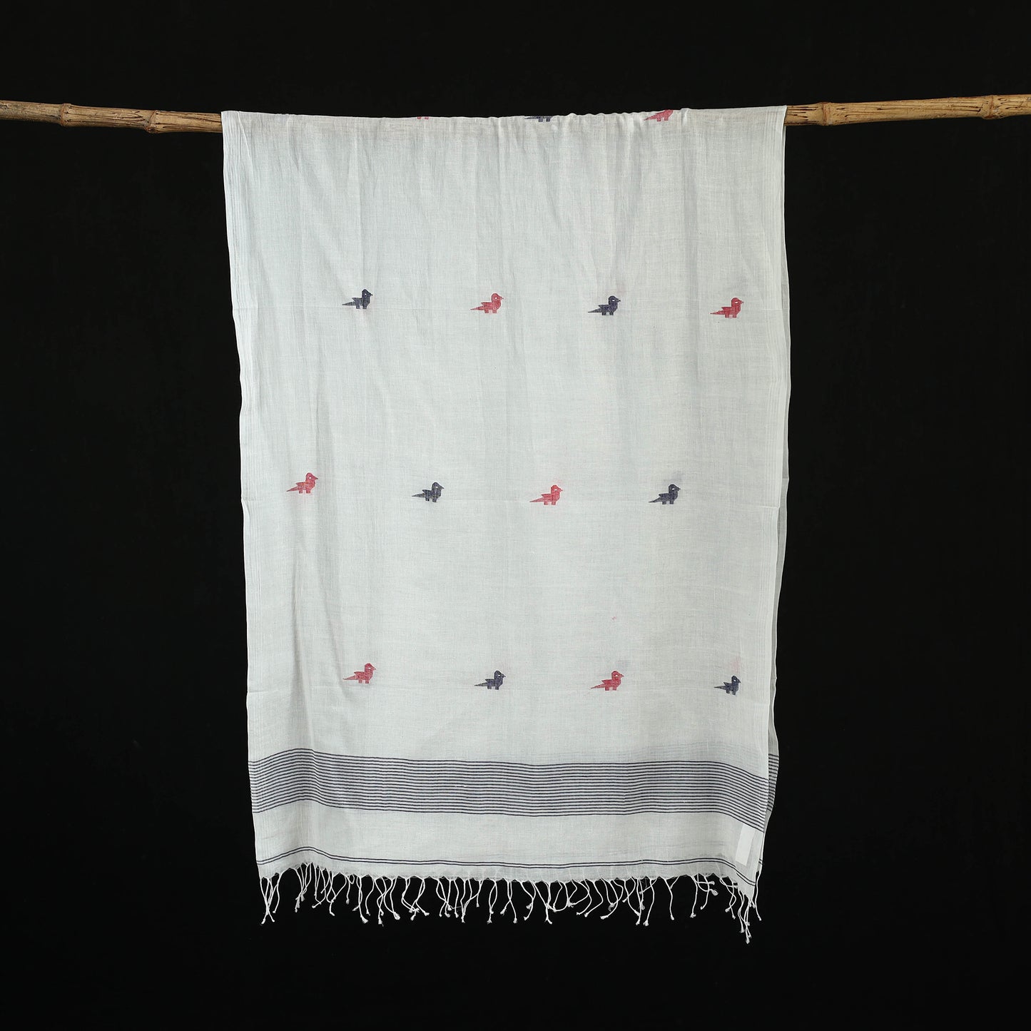 White - Burdwan Jamdani Handloom Cotton Stole with Tassels 09