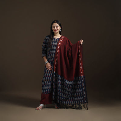 Blue - Pochampally Ikat Cotton Long Kurta with Palazzo & Dupatta Suit Set for Women 07