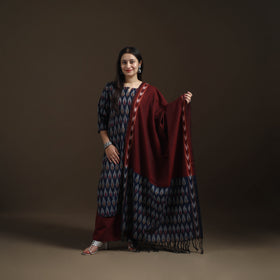 Blue - Pochampally Ikat Cotton Long Kurta with Palazzo & Dupatta Suit Set for Women 07