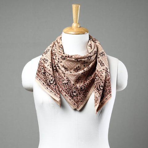 Beige Pedana Kalamkari Block Printed Natural Dyed Cotton Scarf 