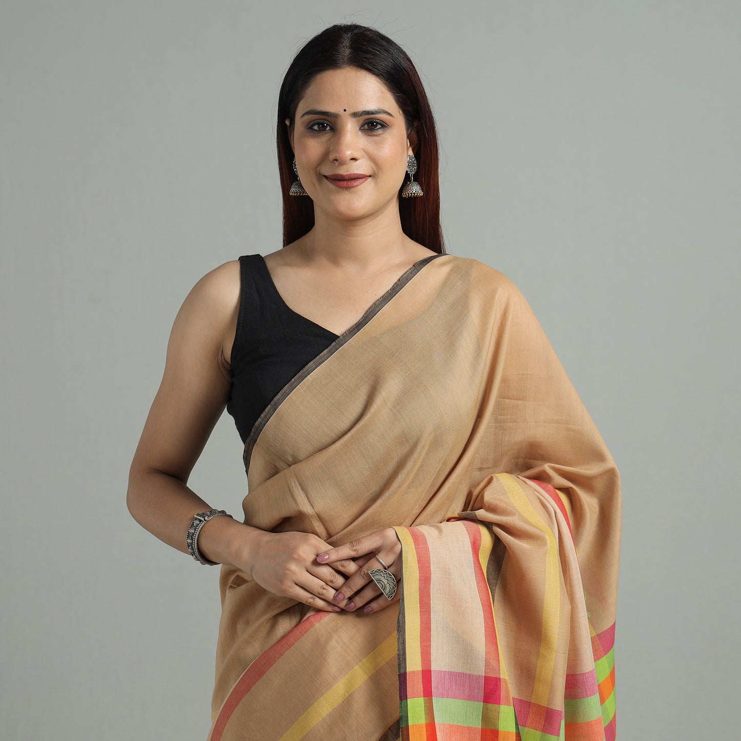 Brown - Bengal Woven Border Handloom Pure Cotton Saree 37