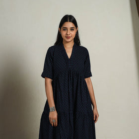 Buy Tiered Fit & Flare Cotton Navy Blue Jacquard Dress Online