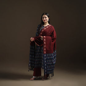 Blue - Pochampally Ikat Cotton Long Kurta with Palazzo & Dupatta Suit Set for Women 07