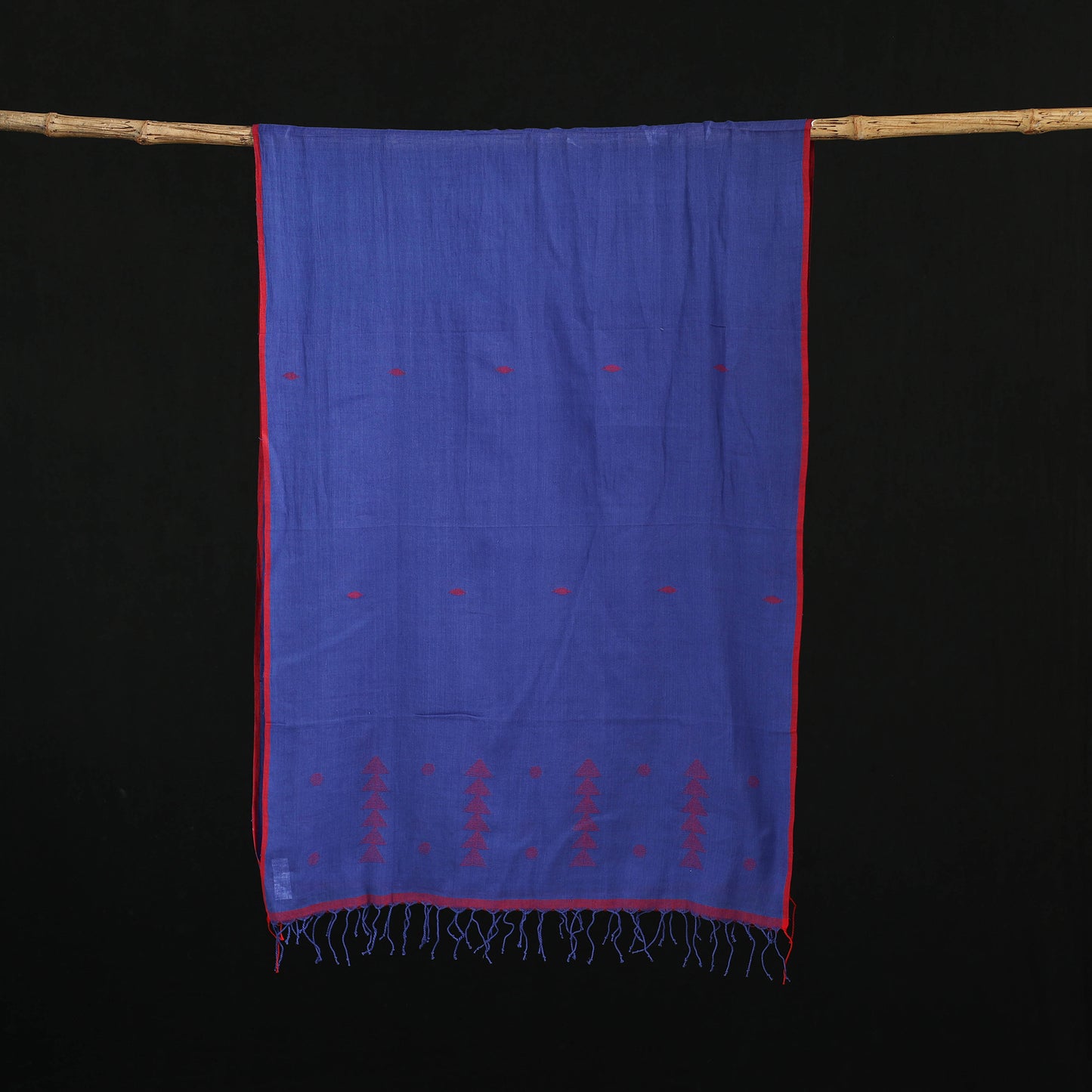 Blue - Burdwan Jamdani Handloom Cotton Stole with Tassels 08