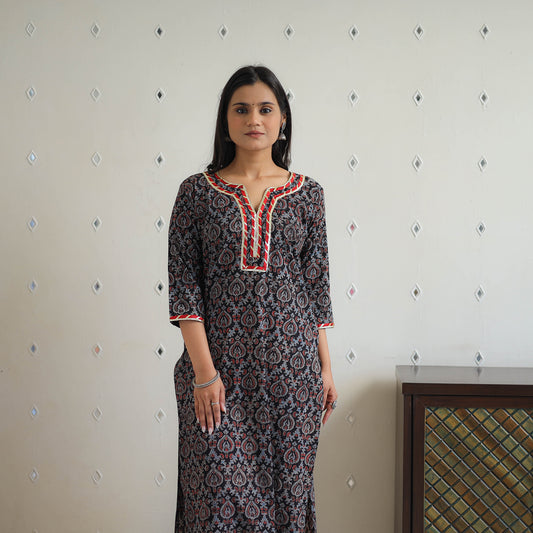 Block Printed Cotton Gota Work Long Ajrakh Kurta 15