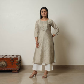 Brown - Polka Zari Butta Spun Dupion Silk Straight Plain Kurta 14