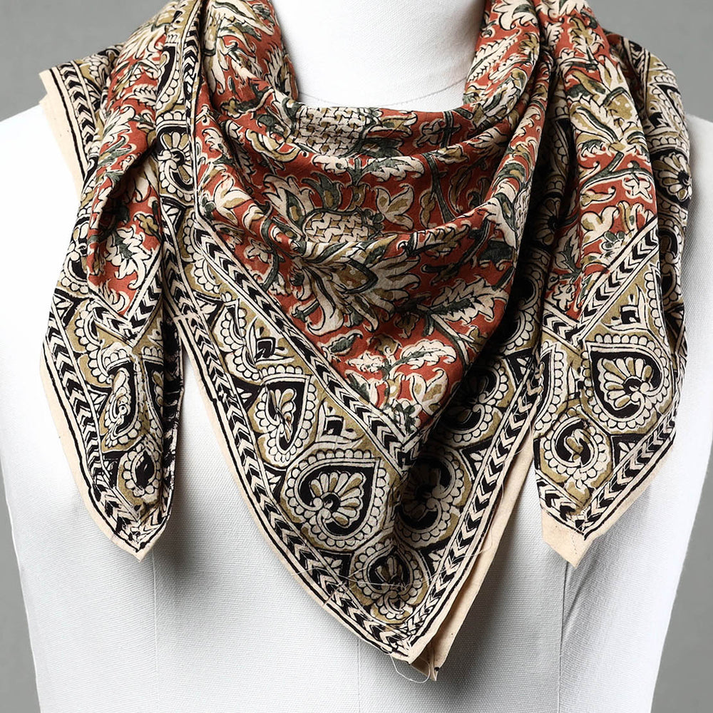 Orange - Pedana Kalamkari Block Printed Natural Dyed Cotton Scarf 23