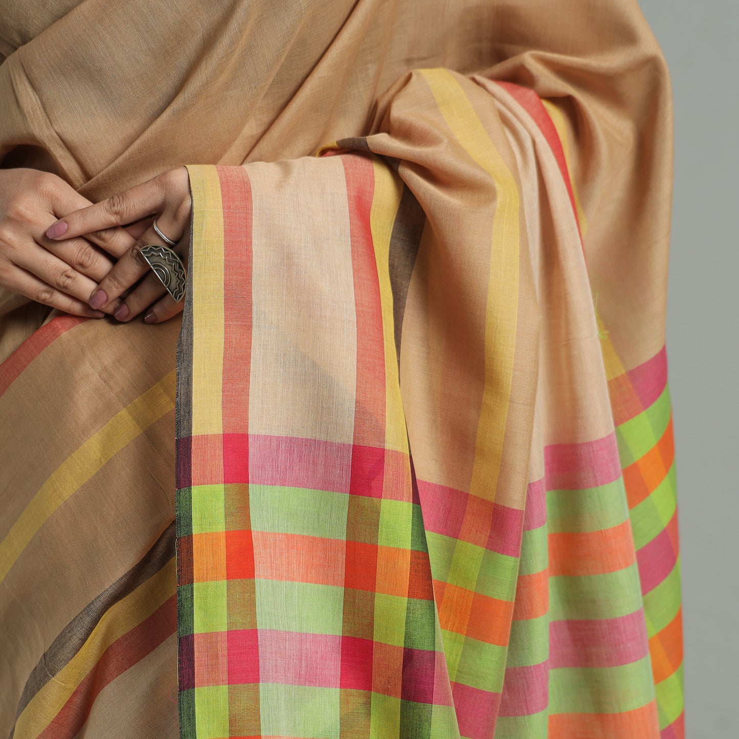 Brown - Bengal Woven Border Handloom Pure Cotton Saree 37