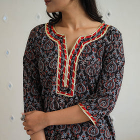 Black - Block Printed Cotton Gota Work Long Ajrakh Kurta 15