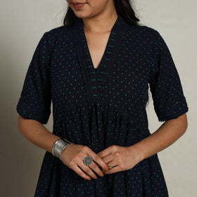 Buy Tiered Fit & Flare Cotton Navy Blue Jacquard Dress Online