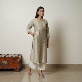 Brown - Polka Zari Butta Spun Dupion Silk Straight Plain Kurta 14