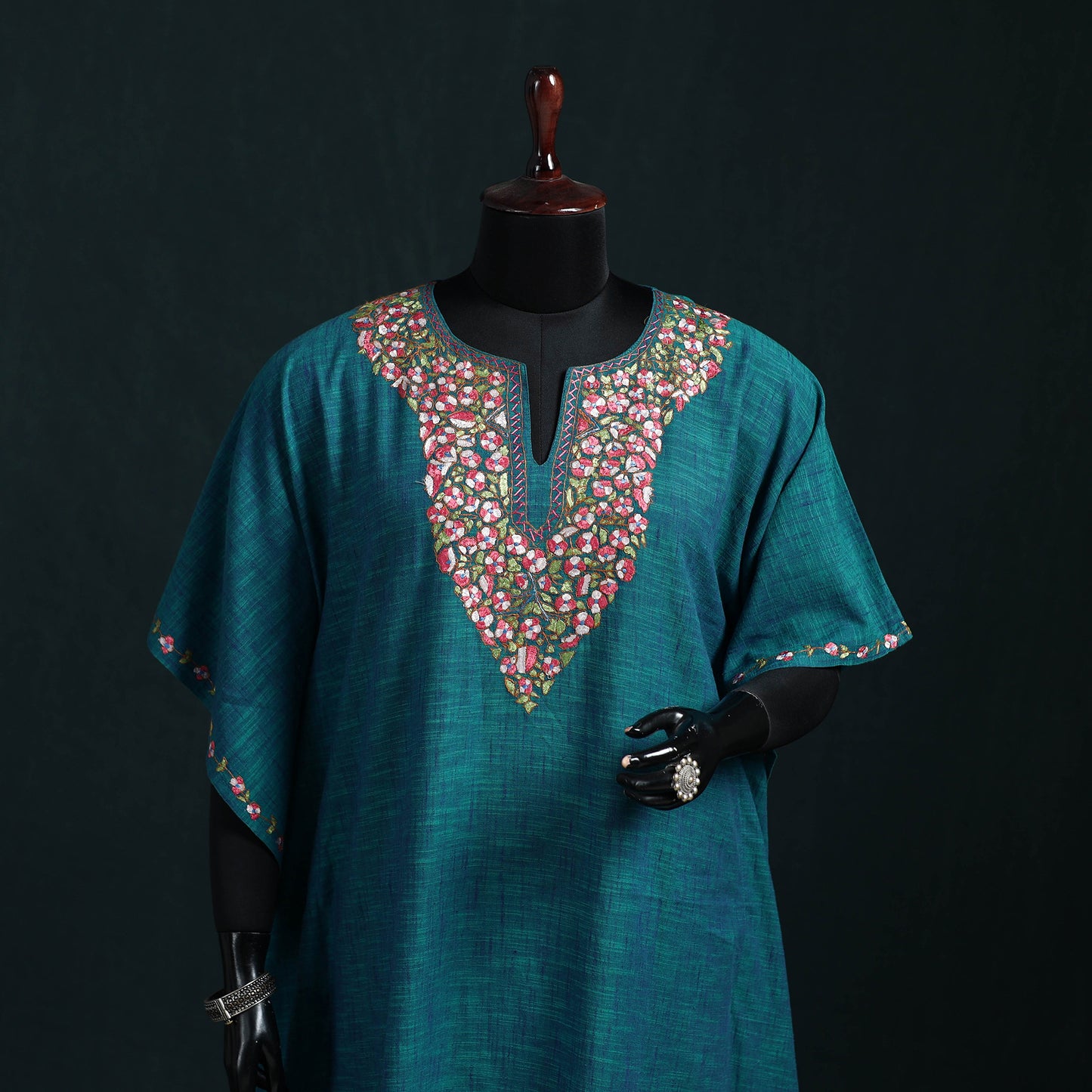 Blue - Kashmiri Kashida Hand Embroidered Cotton Kaftan (Medium) 16