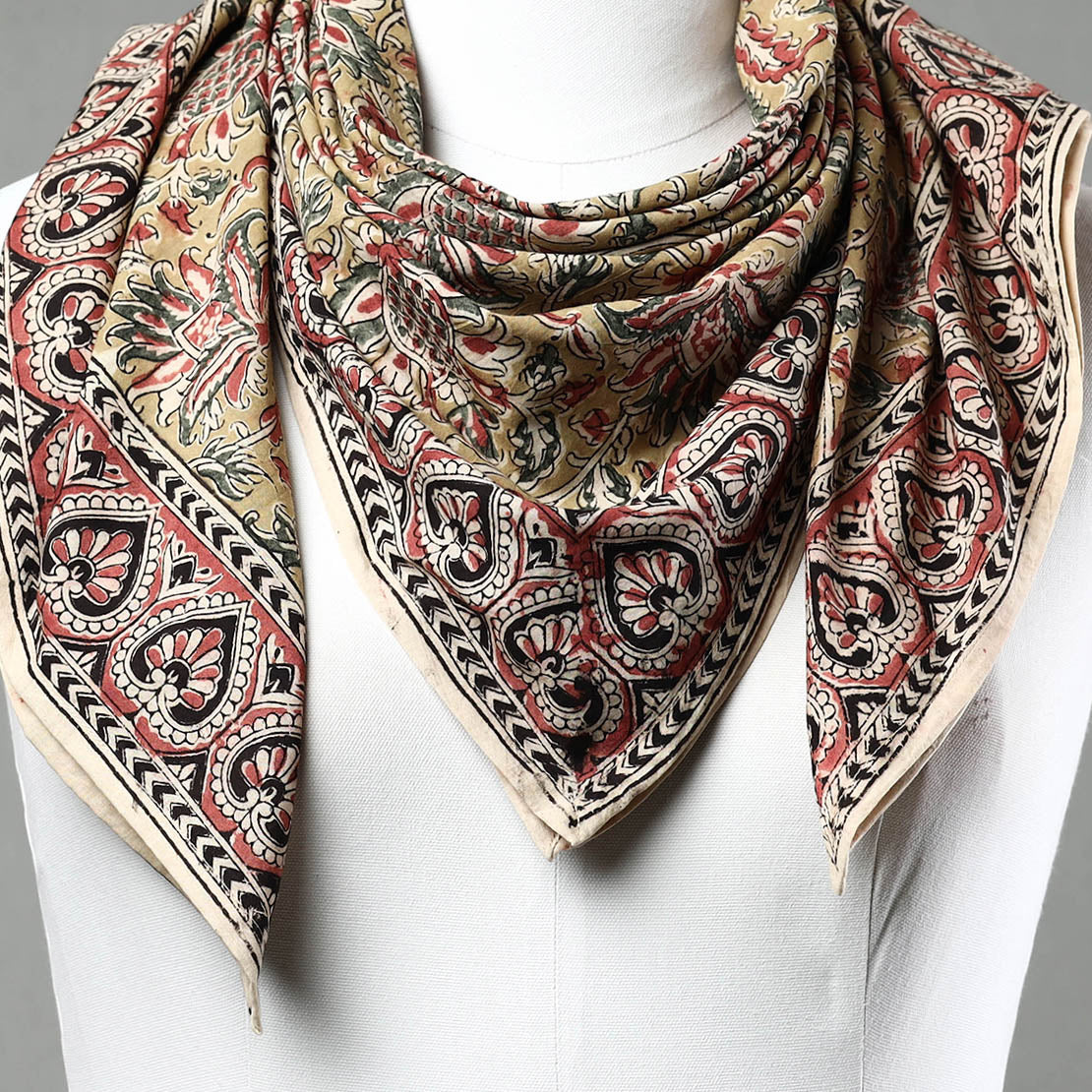 Yellow - Pedana Kalamkari Block Printed Natural Dyed Cotton Scarf 24