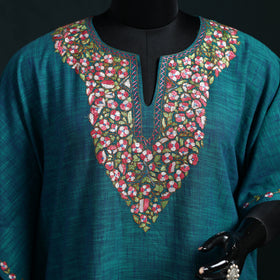 Blue - Kashmiri Kashida Hand Embroidered Cotton Kaftan (Medium) 16