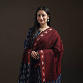Blue - Pochampally Ikat Cotton Long Kurta with Palazzo & Dupatta Suit Set for Women 07