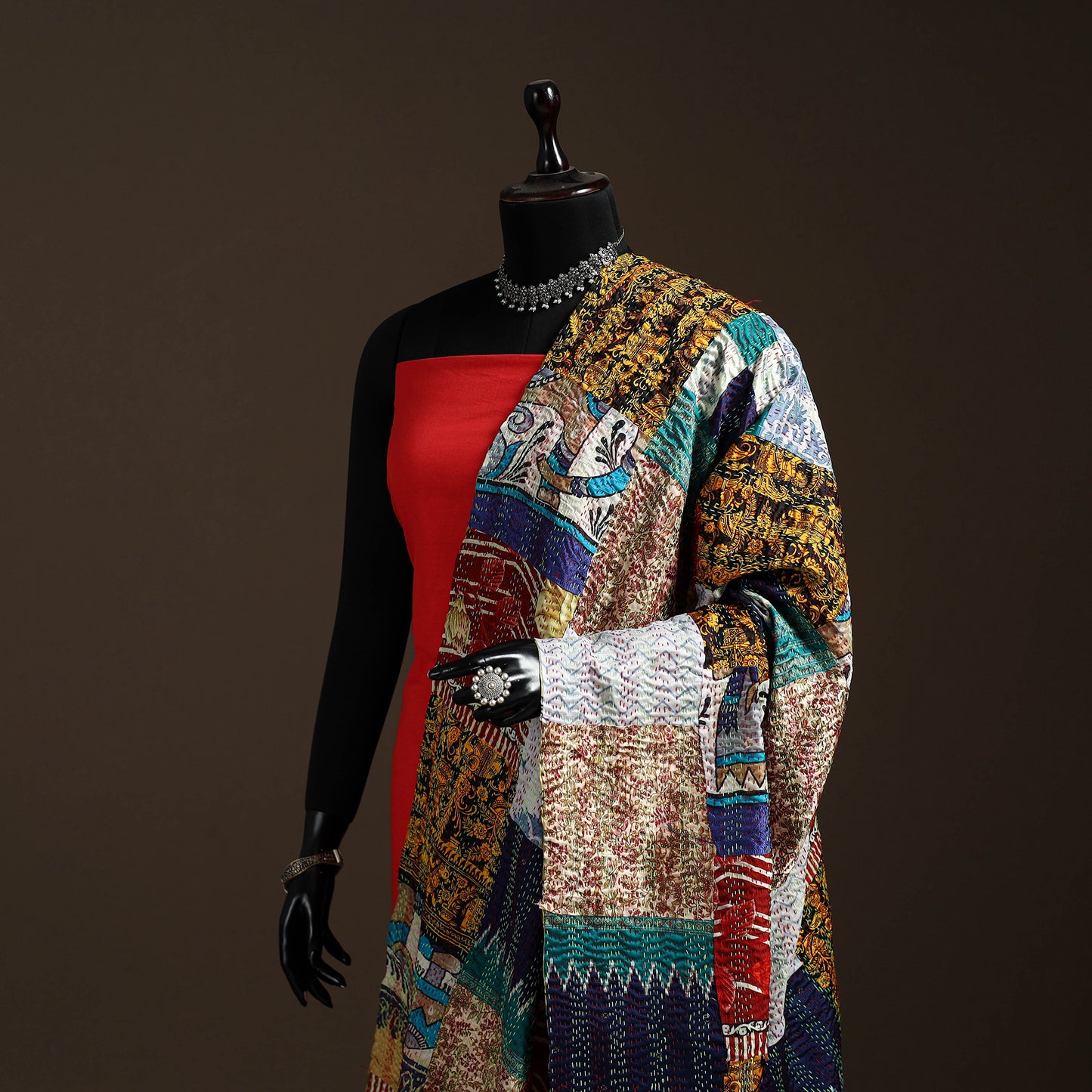 Bengal Hand Embroidery Patchwork Reversible Silk Kantha Dupatta 44