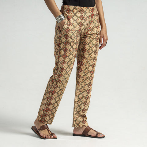 Beige - Kalamkari Block Printed Cotton Elasticated Pant
