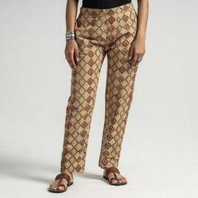 Beige - Kalamkari Block Printed Cotton Elasticated Pant