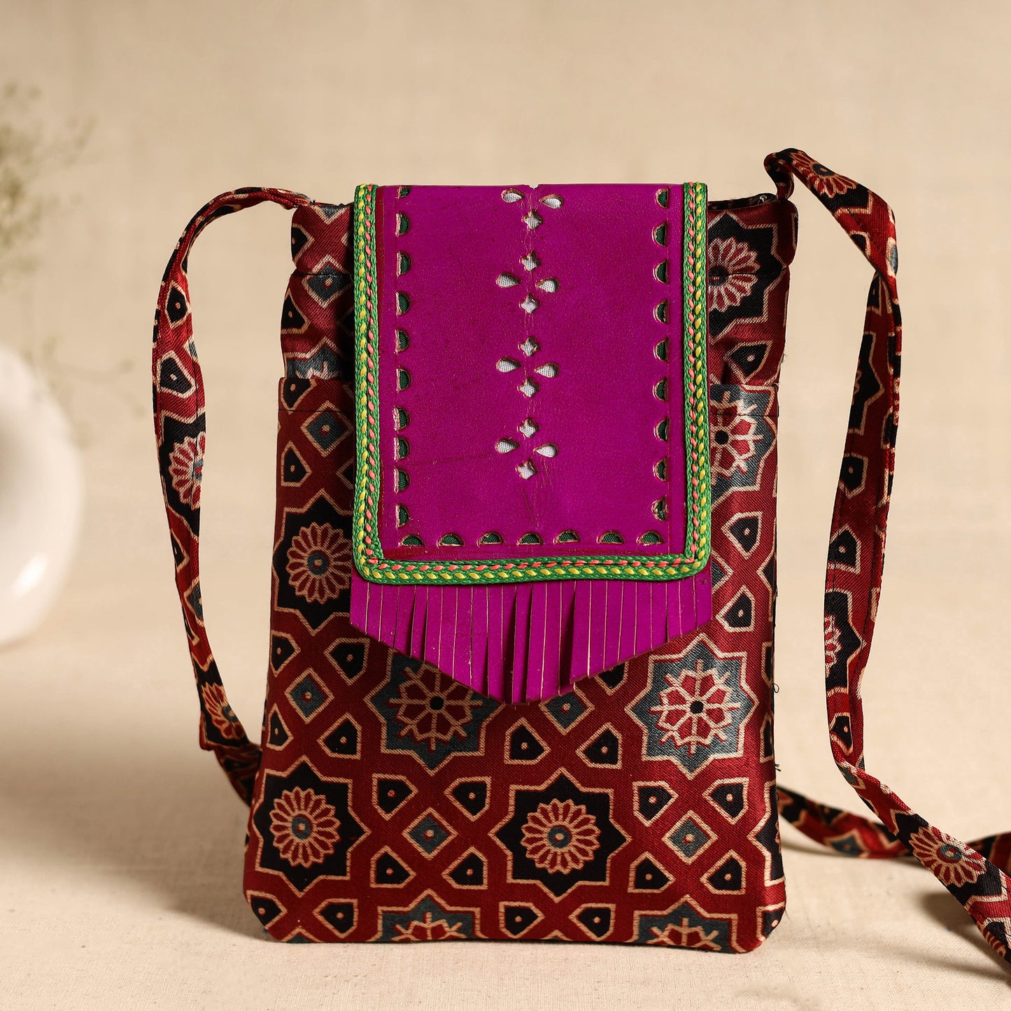 Traditional Kutch Mashru Silk Leather Flap Sling Bag 63