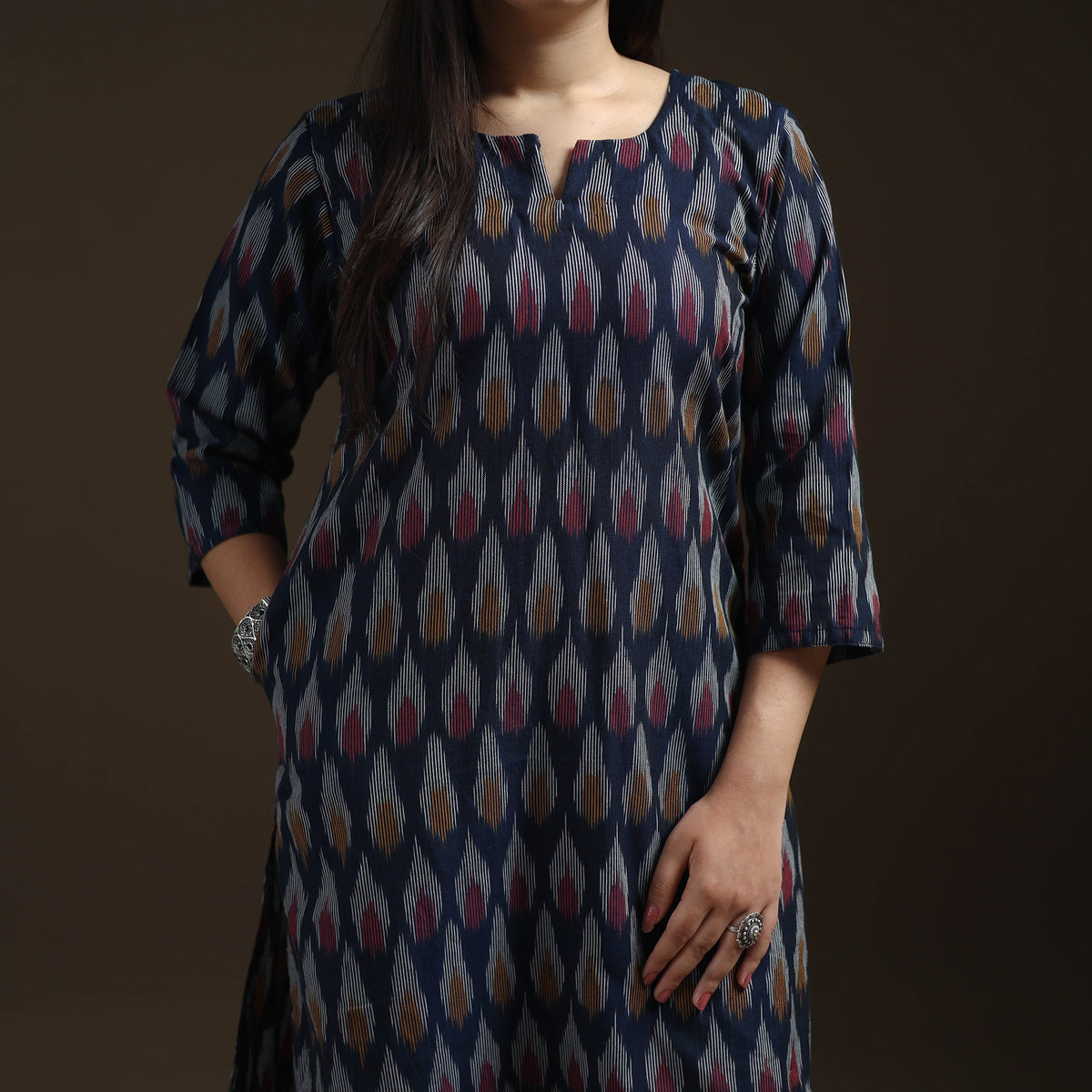 Blue - Pochampally Ikat Cotton Long Kurta with Palazzo & Dupatta Suit Set for Women 07