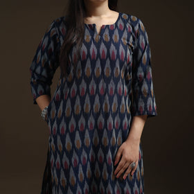 Blue - Pochampally Ikat Cotton Long Kurta with Palazzo & Dupatta Suit Set for Women 07