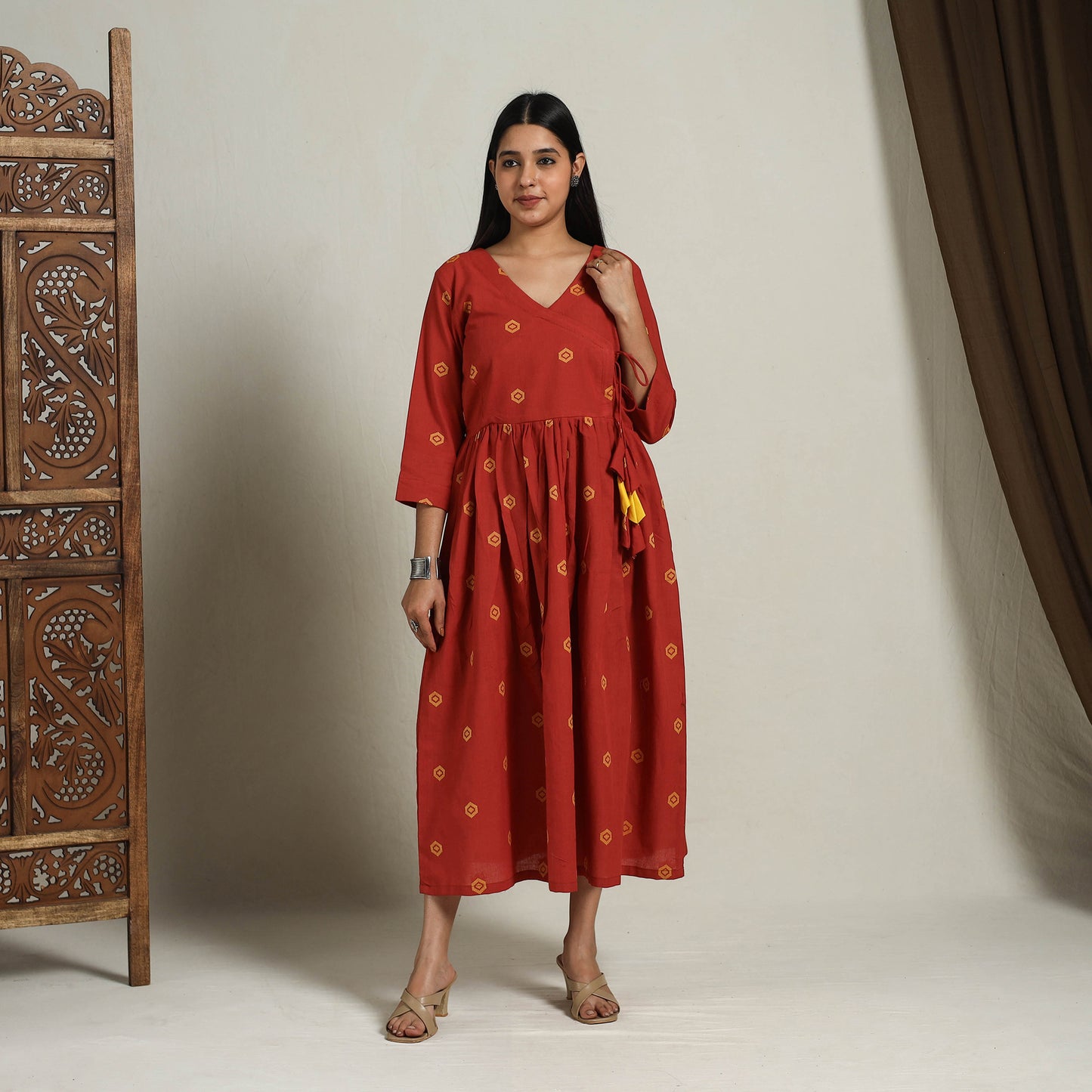 Buy Flared Cotton Angrakha Red Jacquard Dress Online